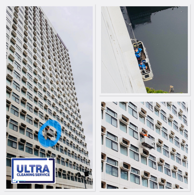 Ultra Cleaning Service rope access window cleaning - 3 pictures in one showing high level window cleaning