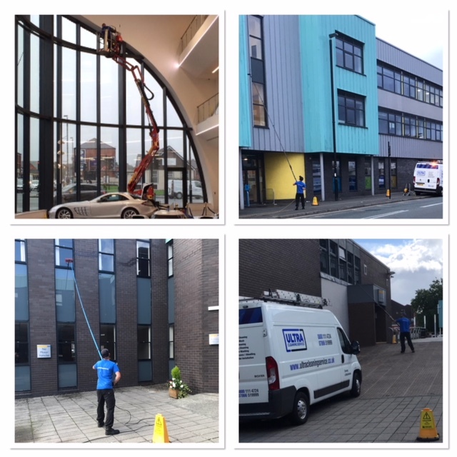 Ultra Cleaning Service - picture showing four types of commercial window cleaning including inside a car showroom and external reach and wash window cleaning